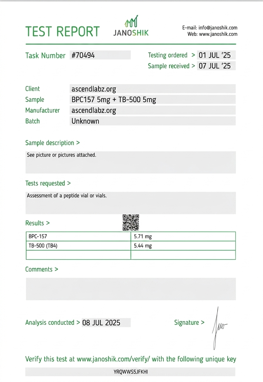 BPC-157 + TB-500 Stack Certificate of Analysis verified by Janoshik Analytical