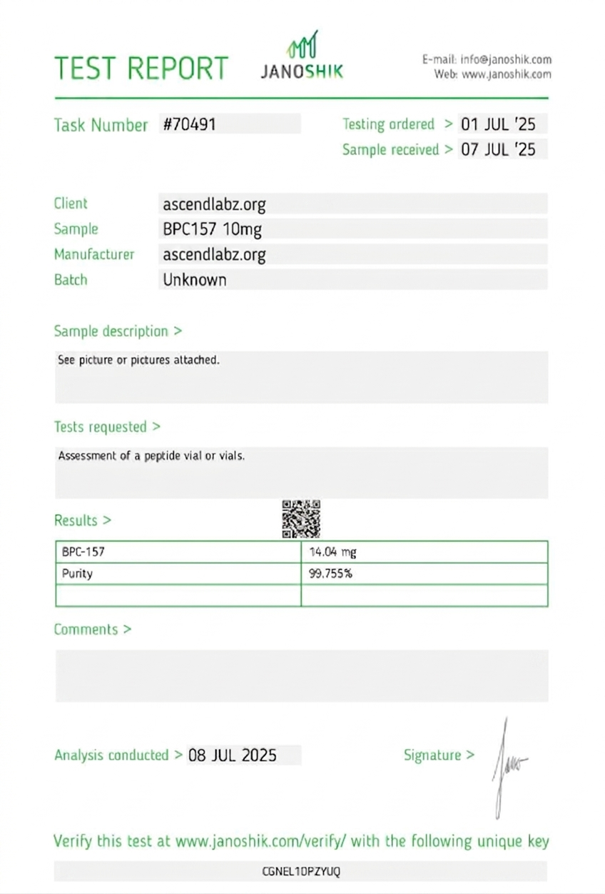 BPC-157 10mg Certificate of Analysis - 99.755% purity verified by Janoshik Analytical