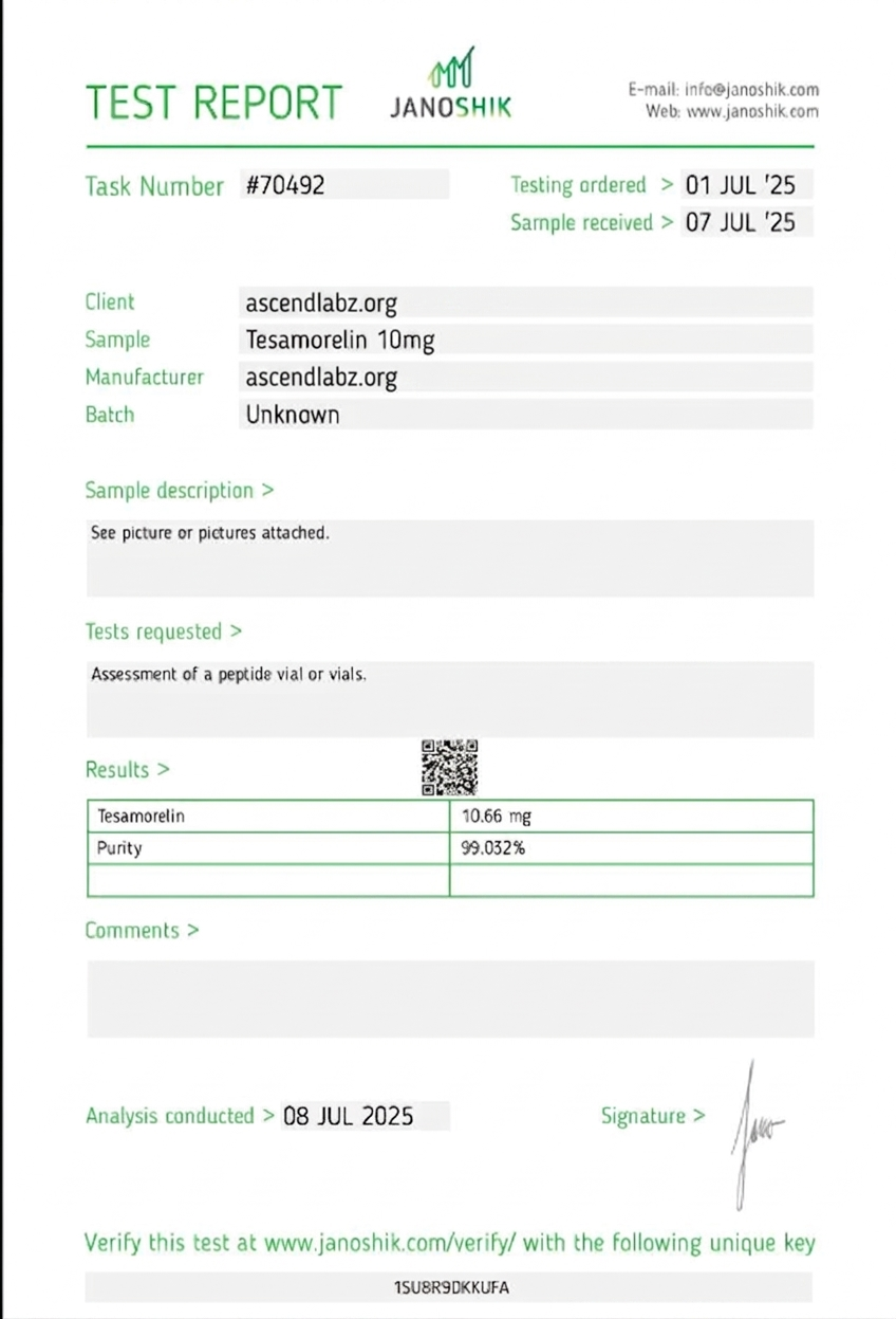 Tesamorelin 10mg Certificate of Analysis - 99.032% purity verified by Janoshik Analytical