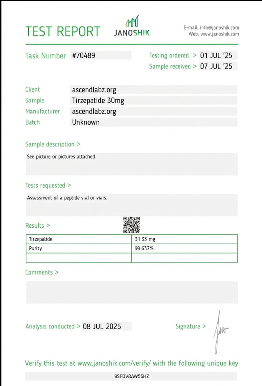 Tirzepatide 30mg Certificate of Analysis - 99.637% purity verified by Janoshik Analytical